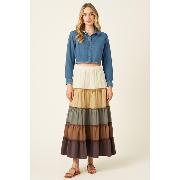 Objex Tiered Cottagecore Prairie Skirt | Boho Maxi Earth Tones | Small NWOT - Picture 1 of 9